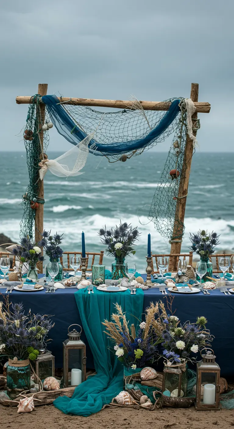 Maritieme bruiloftstafel aan zee met visnetten, schelpen en blauwe accenten.