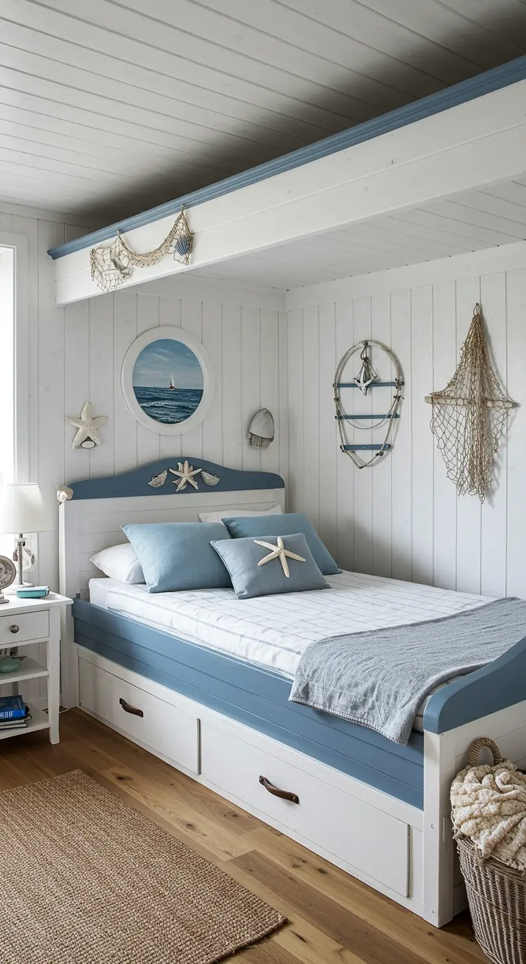 Slaapkamer in maritieme stijl met blauw-witte accenten en nautische decoratie.