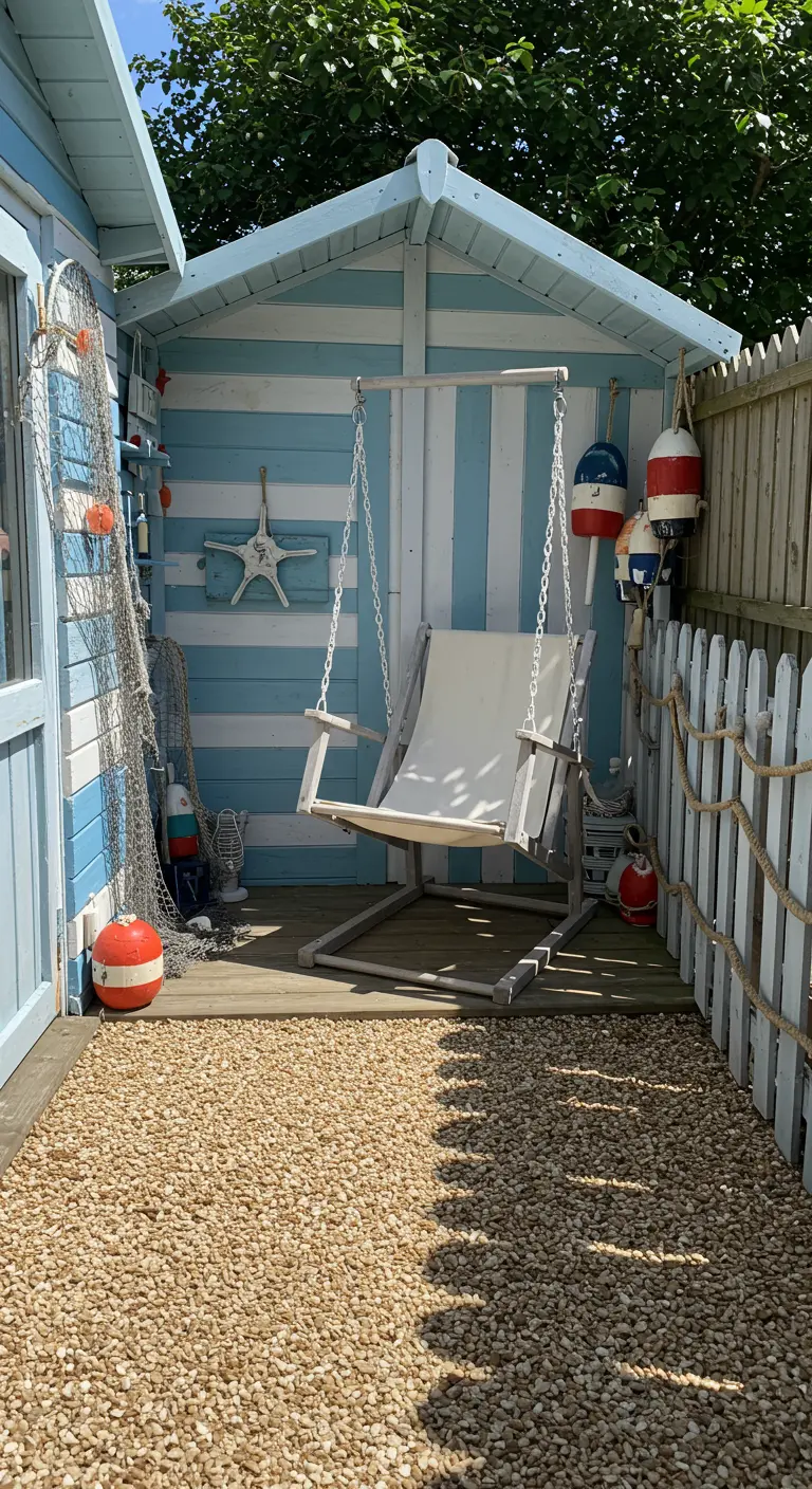 Houten hangstoel in een blauw-wit gestreept tuinhuisje met maritieme decoraties.