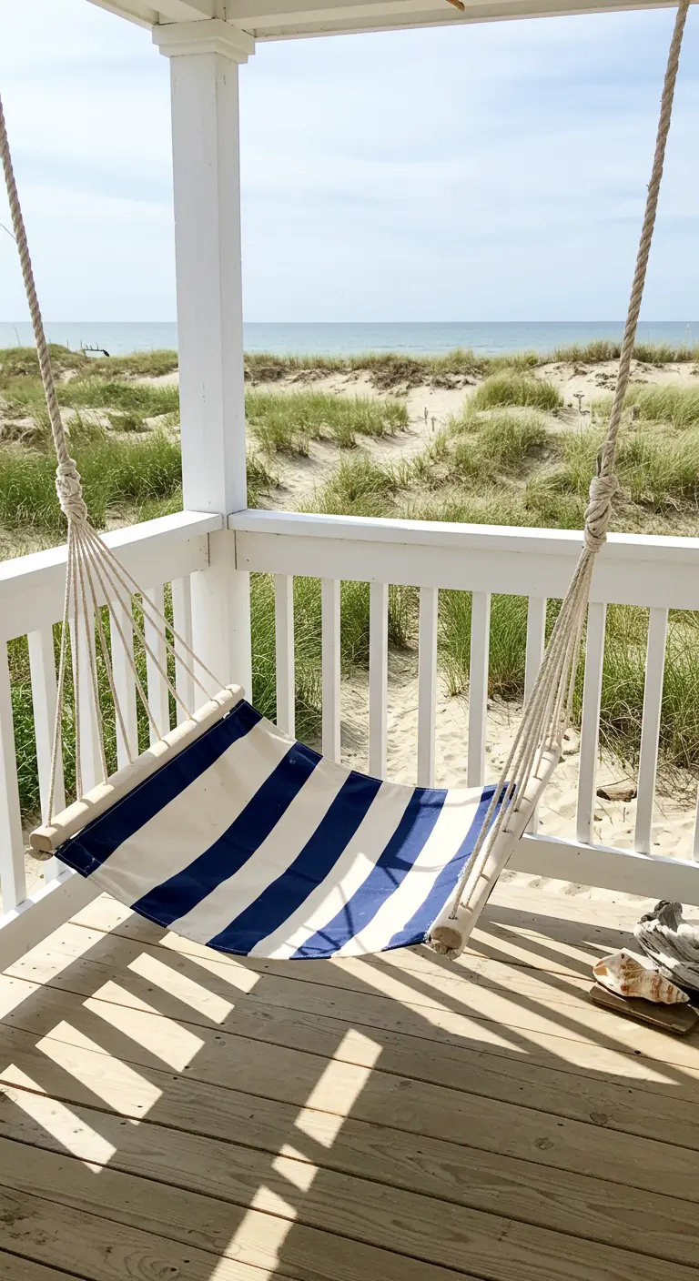 Blauw-wit gestreepte stoffen hangmat op een veranda met uitzicht op zee.