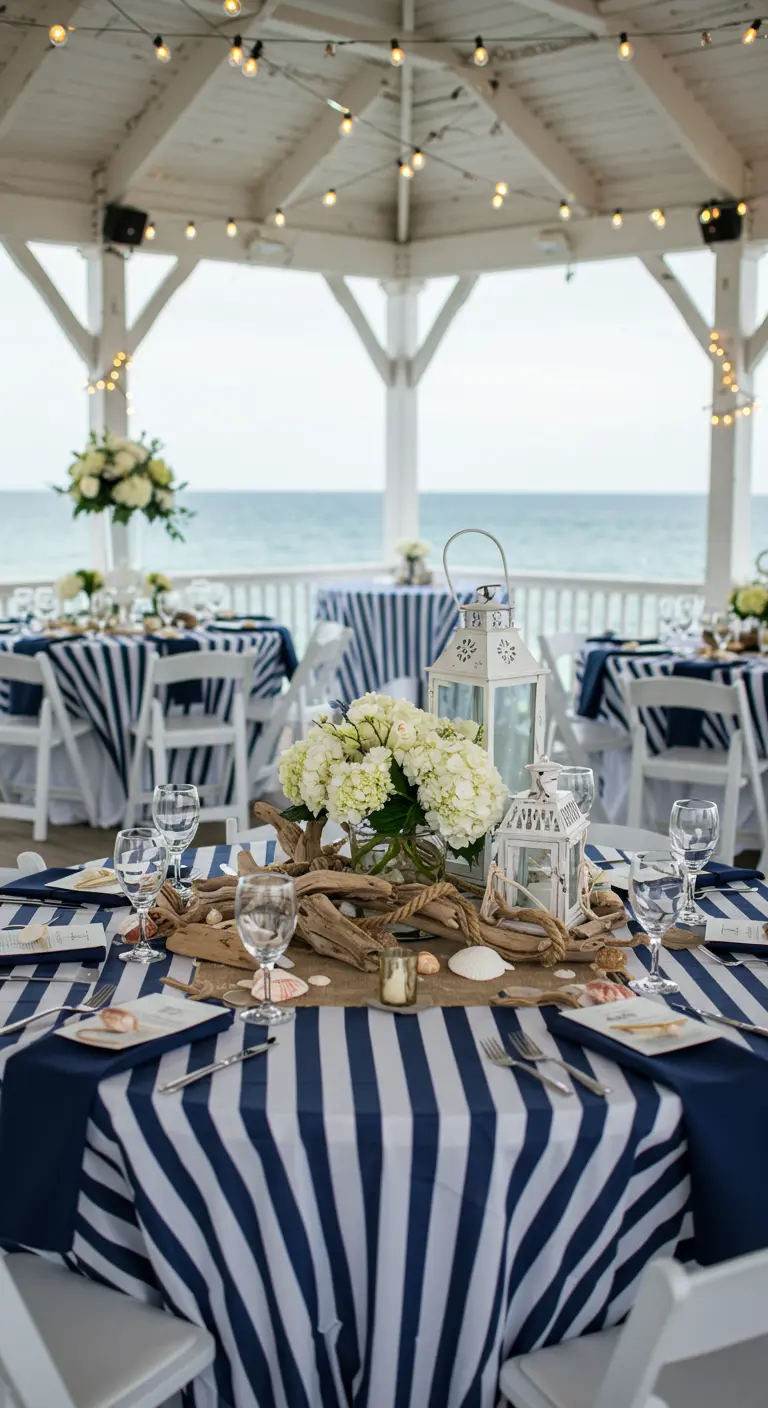 Maritieme bruiloftstafel met blauw-wit gestreept kleed, drijfhout en witte lantaarns.