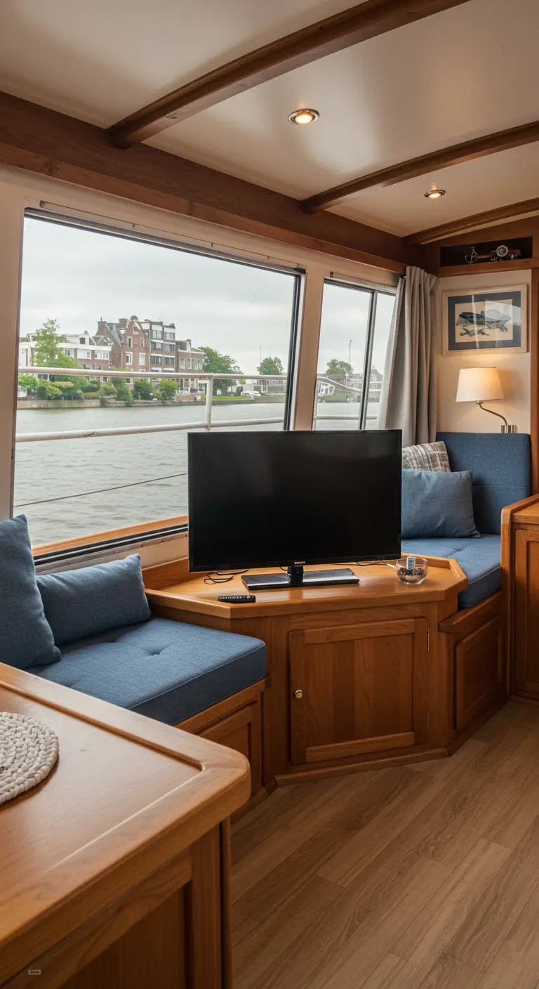Compacte TV-hoek in een bootinterieur met houten meubels en blauwe kussens.