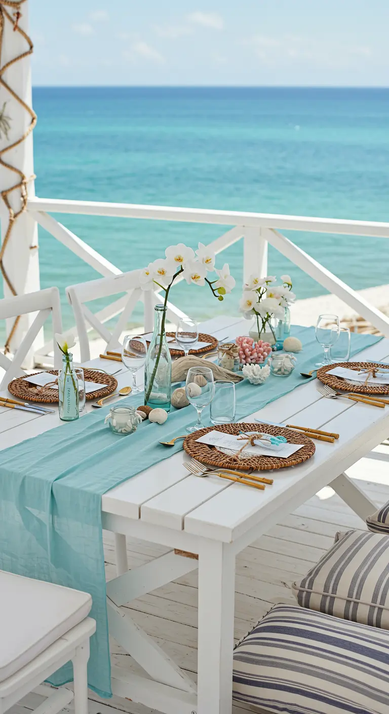 Ontbijttafel aan zee met witte en blauwe tinten, schelpen en orchideeën.
