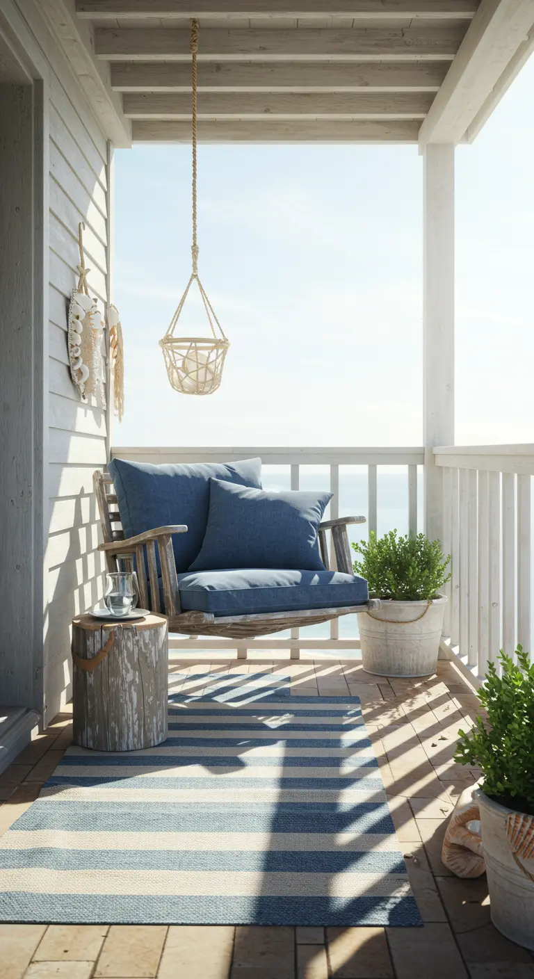 Sfeervol balkon 24 met houten hangstoel, blauwe kussens en maritieme details