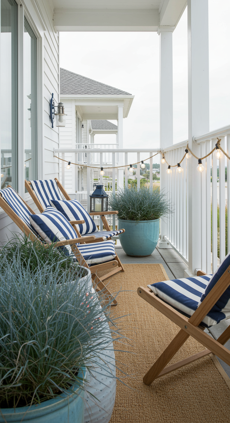 Balkon met gestreepte strandstoelen, jute kleed en lichtslinger.