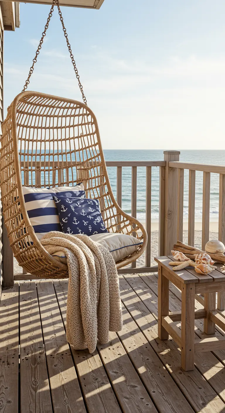 Rieten hangstoel met blauw-wit gestreepte en ankerprint kussens en een beige gebreid plaid op een veranda.
