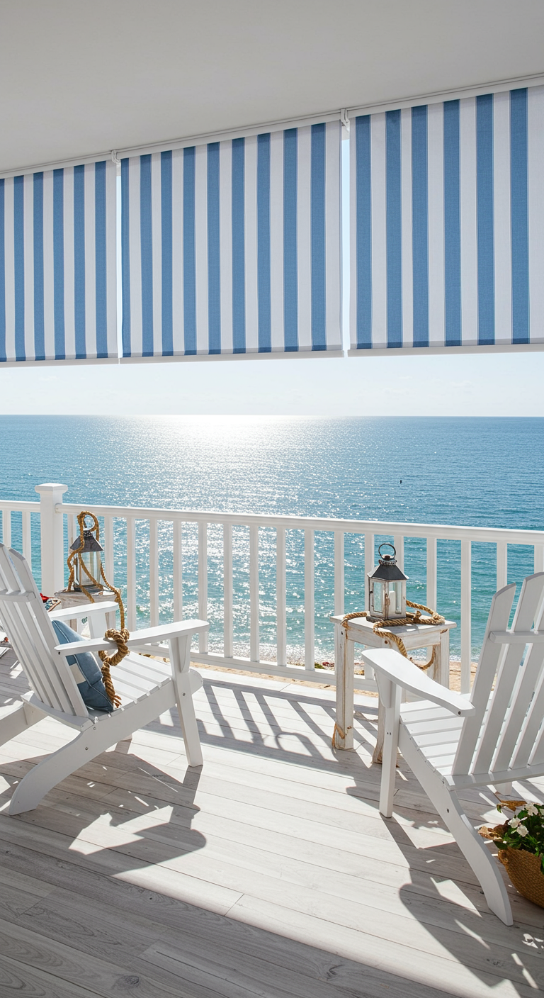 Balkon met blauw-wit gestreepte rolgordijnen, witte houten stoelen en uitzicht op zee.