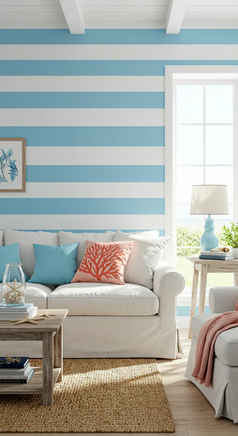 Woonkamer met blauw-witte gestreepte muur en witte bank in strandstijl.