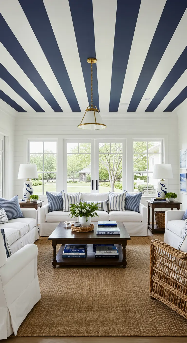 Lichte woonkamer met brede blauw-witte horizontale strepen op het plafond.