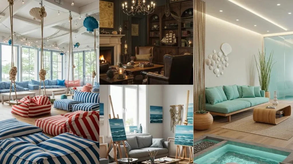 Maritieme woonkamerstijlen met sfeervolle inrichting, inclusief touw, schelpen en opvallende blauw-witte accenten.