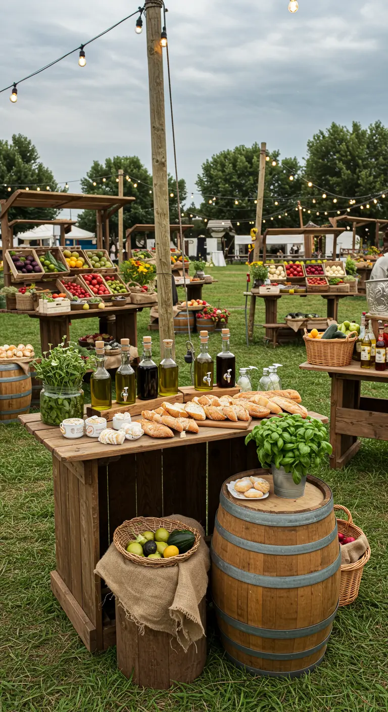 Buitenmarkt met houten kraampjes vol fruit, groenten, brood, olijfolie en sfeerlichtjes.