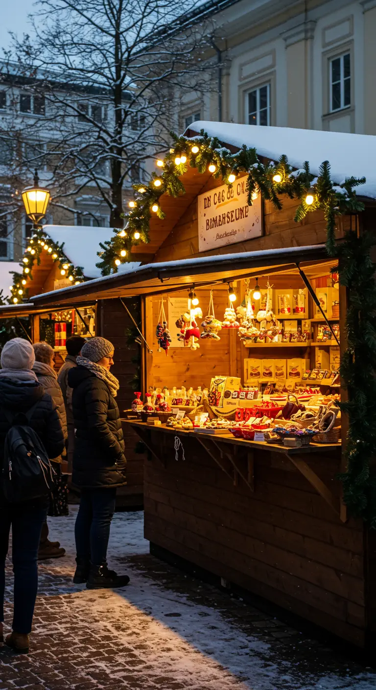 Kerstmarktkraam versierd met lichtslingers, dennengroen en uitgestalde cadeaus.