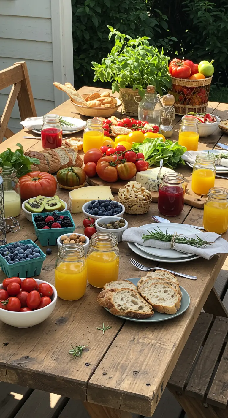 Rustieke houten tafel vol verse groenten, fruit, brood en kazen voor een brunch.