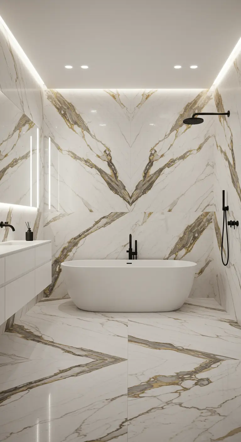 Luxe witte badkamer met bookmatched marmeren wanden met gouden aders en vrijstaand bad.