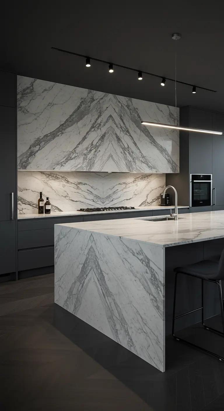 Moderne grijze keuken met 'bookmatched' marmeren achterwand en eiland.