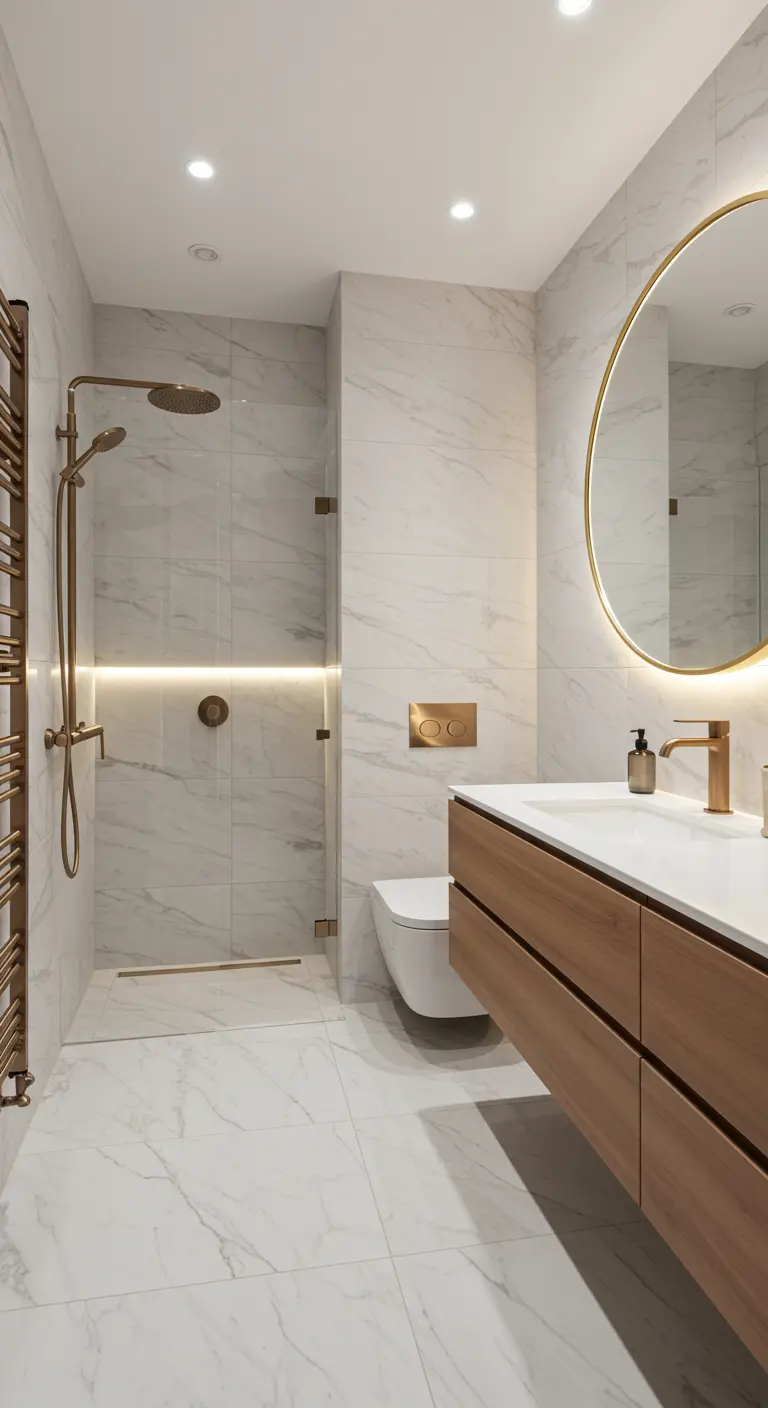 Luxe badkamer met witte marmerlook tegels, gouden douche en ronde spiegel.