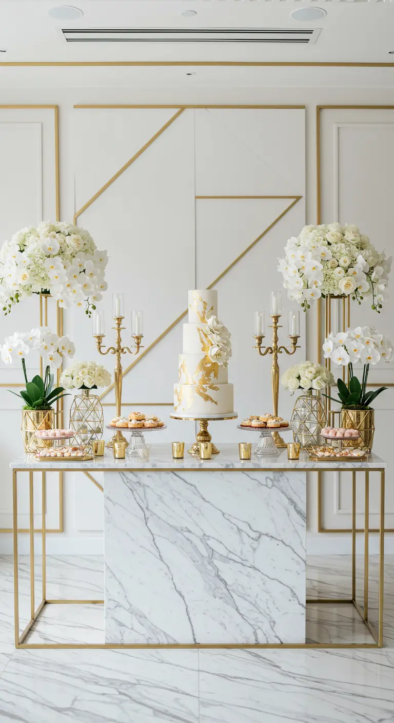 Moderne taarttafel met marmer, goud, witte orchideeën en een wit-gouden taart.