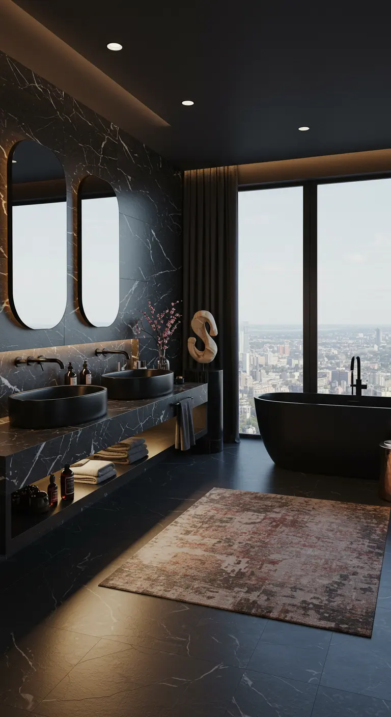 Luxe badkamer met zwart marmer, matzwarte waskommen en bad, en groot raam.
