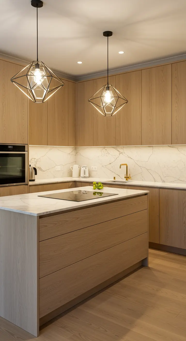 Licht houten keuken met marmerlook eiland en achterwand, gouden accenten.