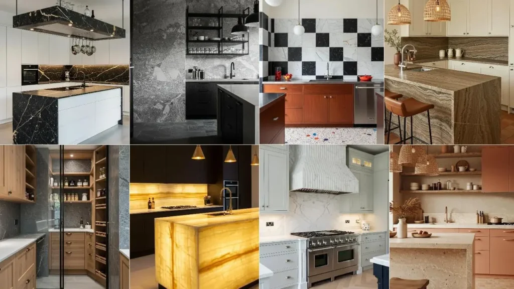 Collage van moderne keukens met marmer: bladen, achterwanden en meer!