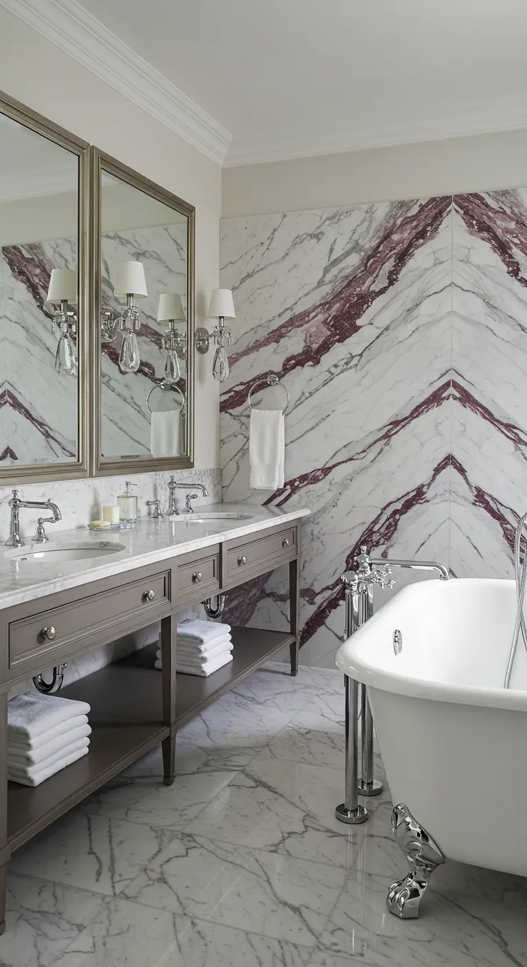 Luxe badkamer met een accentwand van wit marmer met bordeauxrode aders.