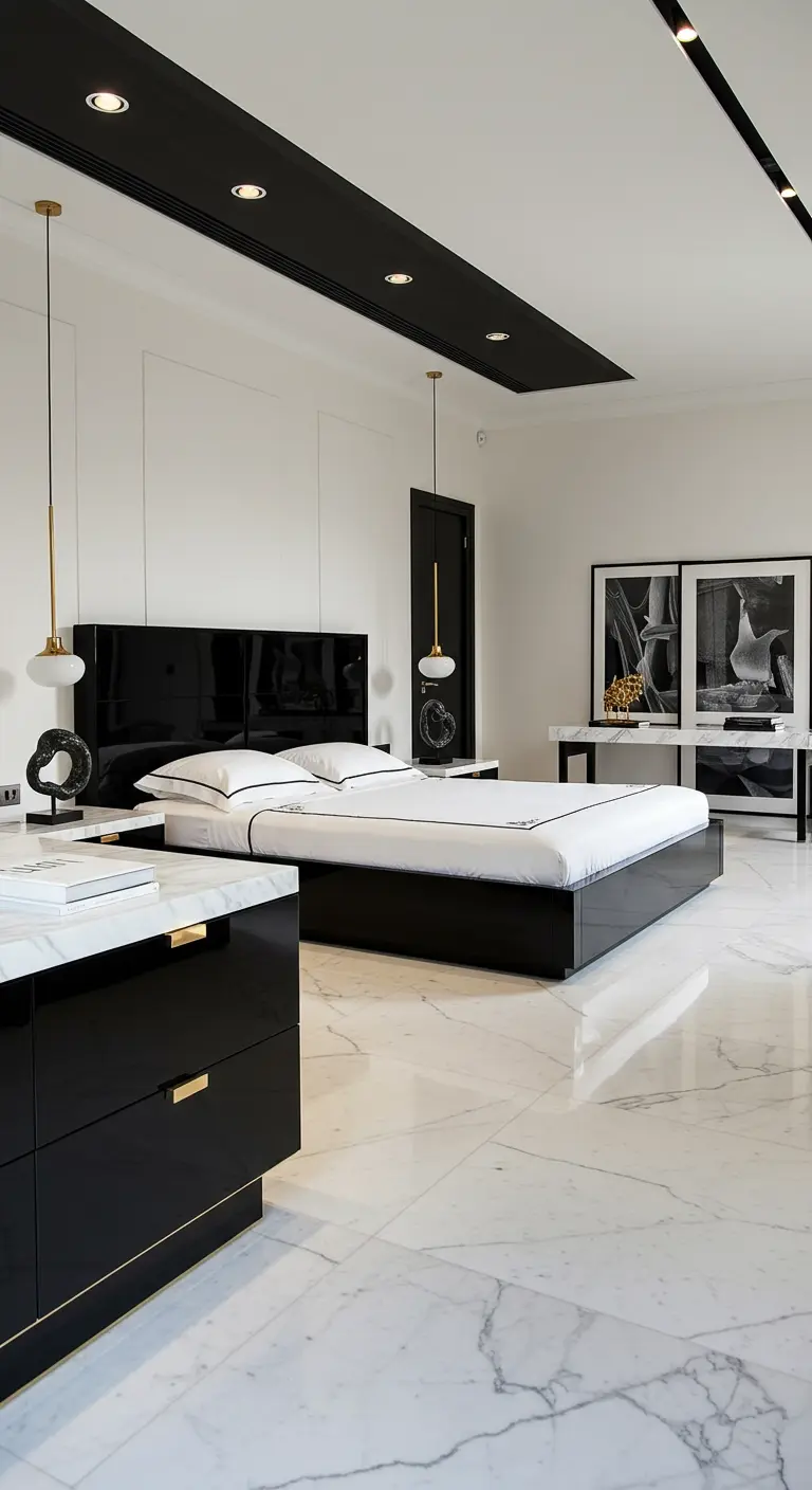 Luxe moderne slaapkamer met marmeren vloer, zwart glanzend bed en gouden details.