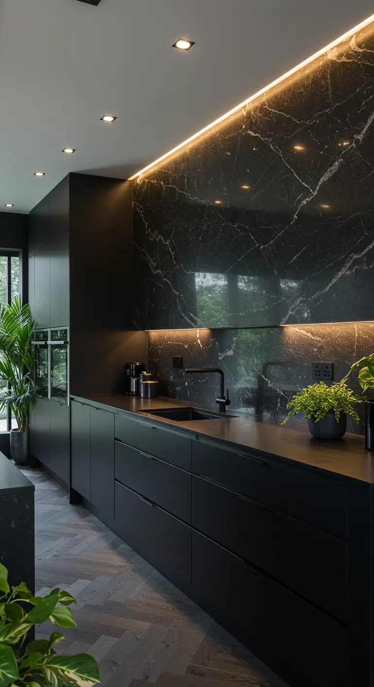 Zwarte keuken met grote zwarte marmeren achterwand en indirecte LED-verlichting.