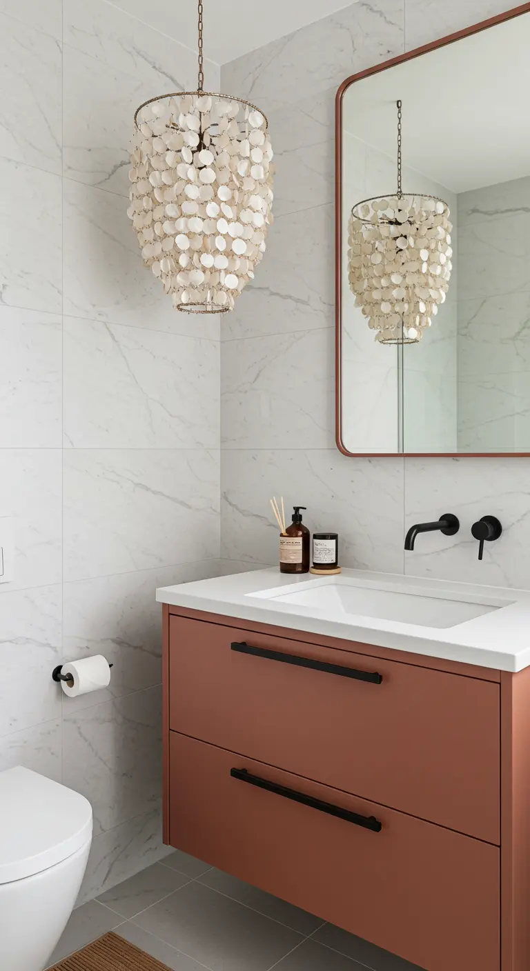 Badkamer met witte marmerlook tegels, terracotta meubel en schelpenlamp.