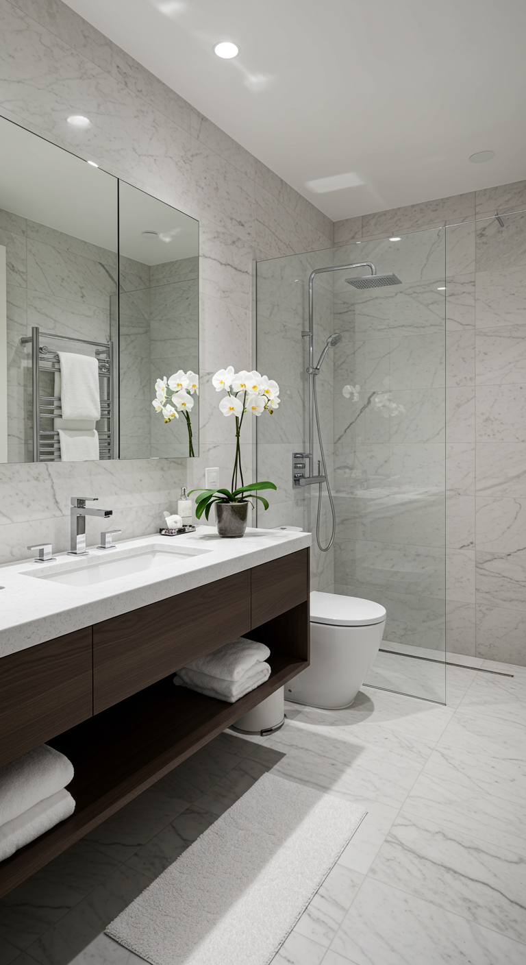 Luxe badkamer met marmeren tegels, donkerhouten meubel en witte orchideeën.