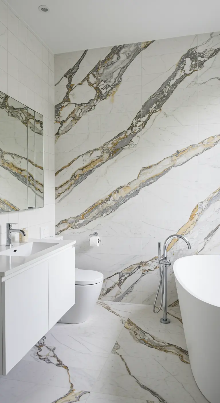 Moderne witte badkamer met diagonaal geaderde marmeren tegels op wand en vloer.