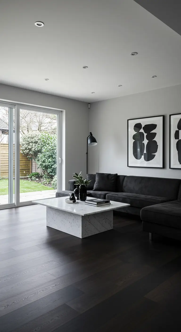 Moderne woonkamer met grijze muren, zwarte bank en witte marmeren salontafel.