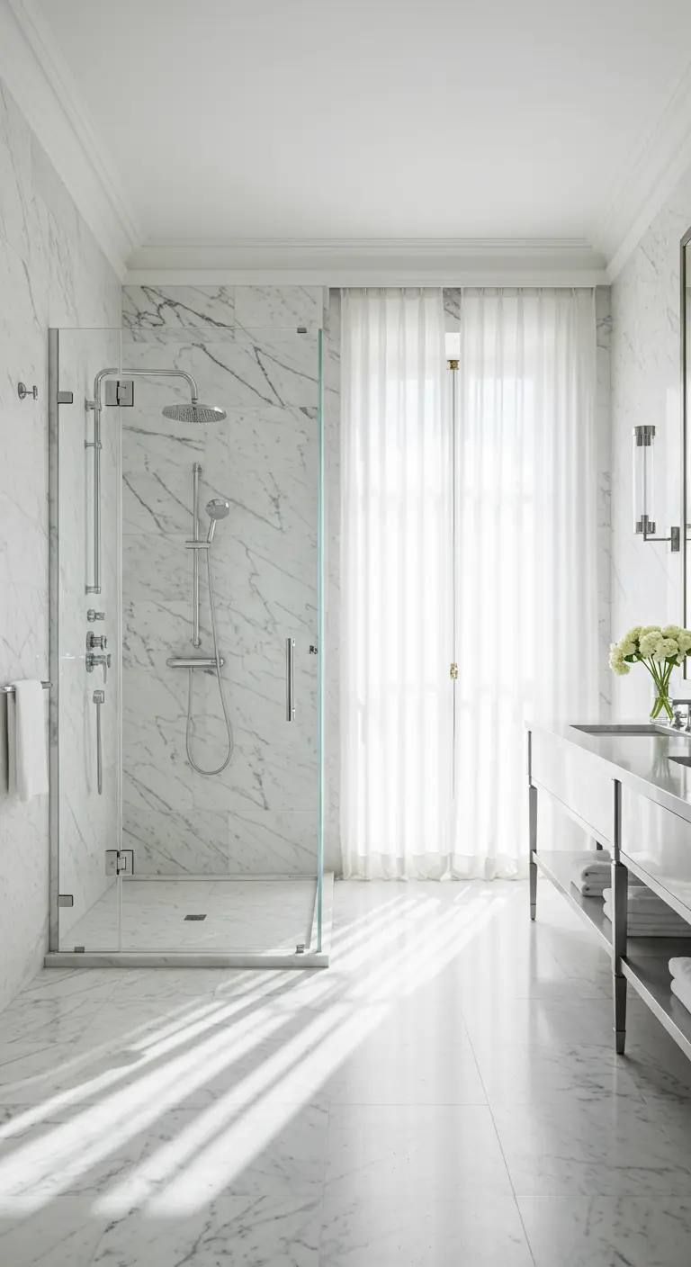 Lichte badkamer met witte marmeren tegels, glazen douchewand en transparante gordijnen voor het raam.
