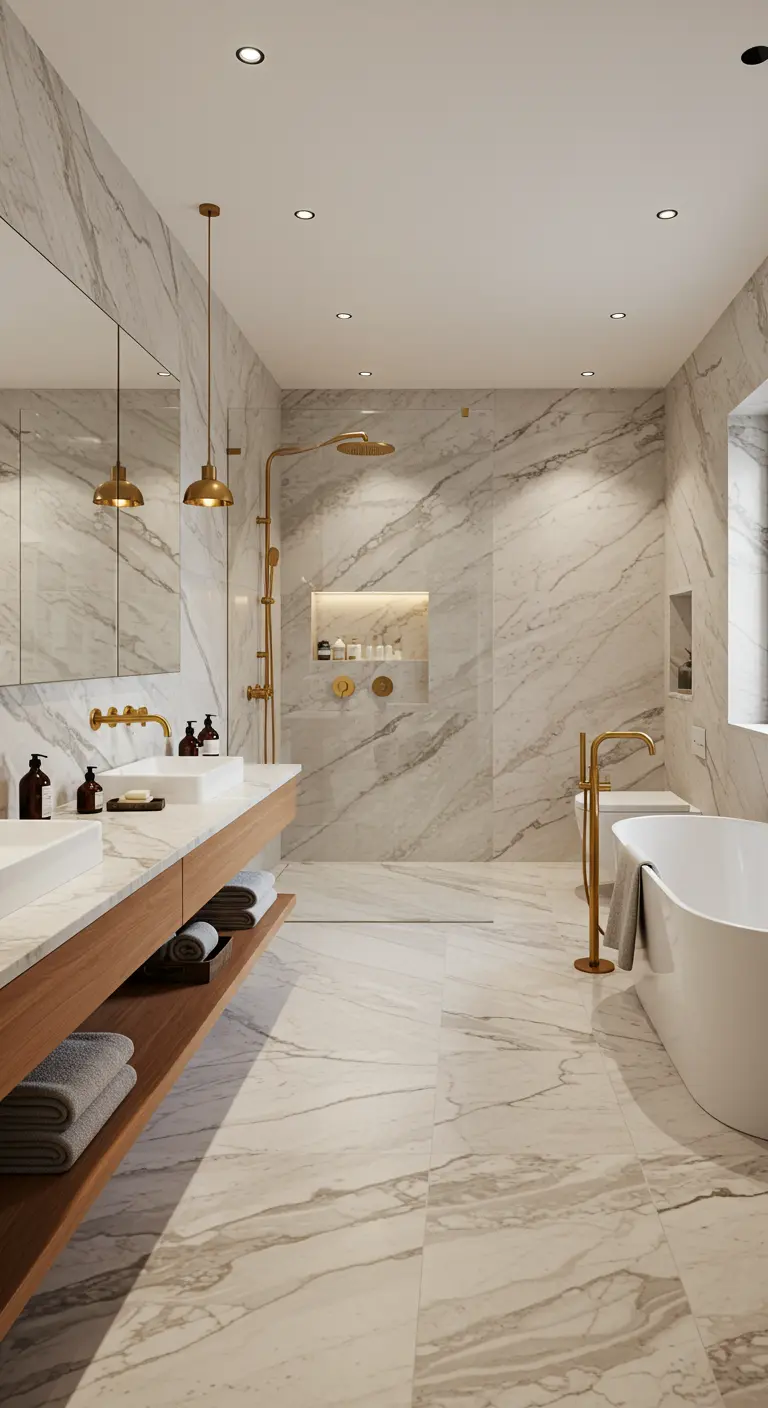 Luxe badkamer met marmeren muren en vloer, en gouden kranen.