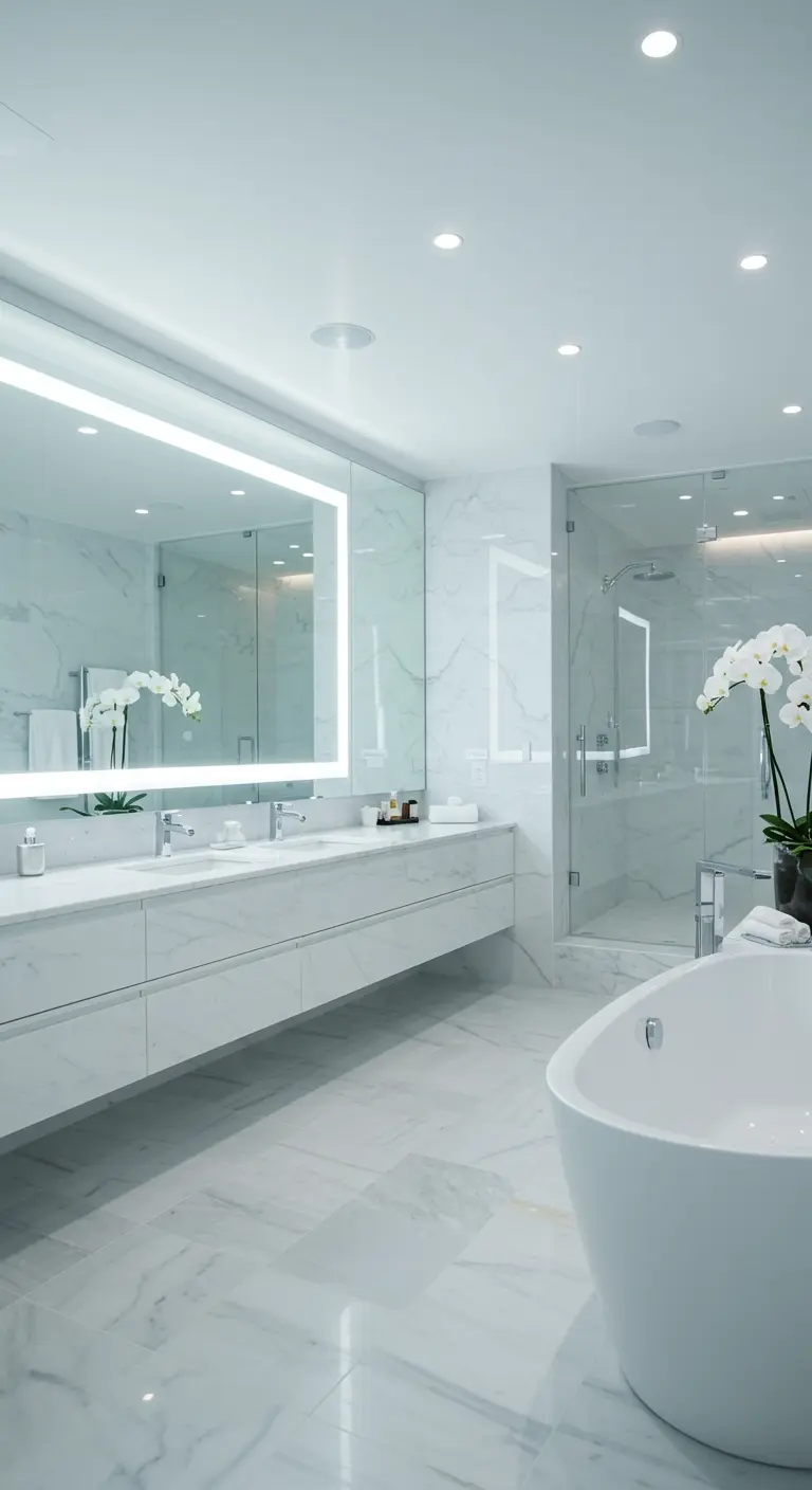 Luxe badkamer met witte marmeren muren en een grote, breed verlichte spiegel.