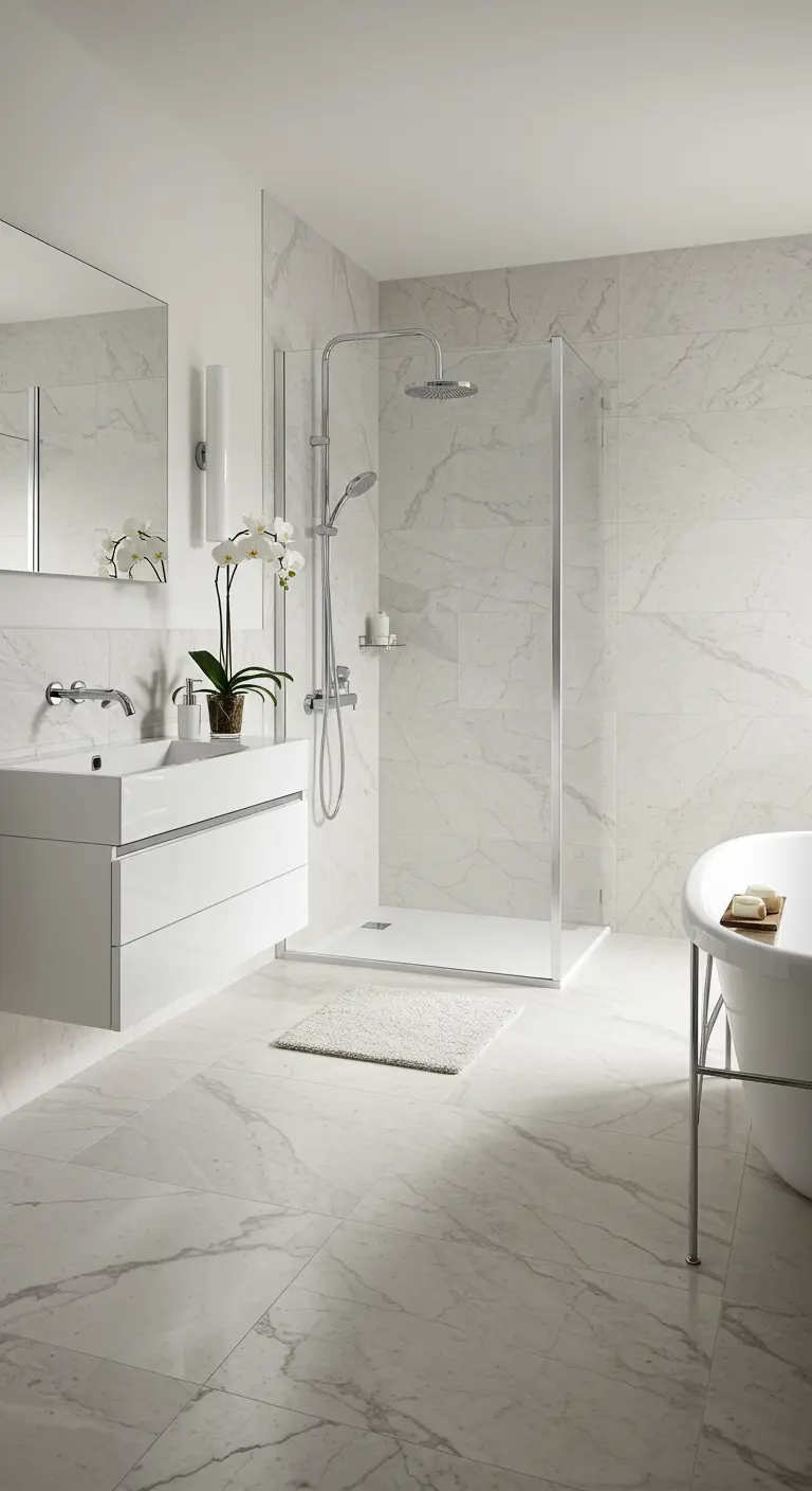 Luxe badkamer met witte marmerlook tegels op vloer en wanden.