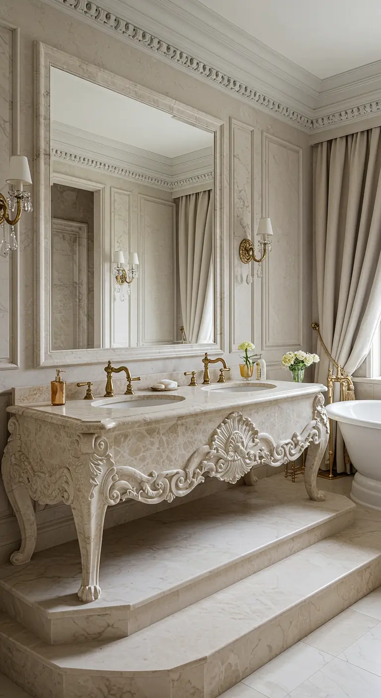 Rijk versierd klassiek marmeren wastafelmeubel op pootjes in een luxe badkamer.