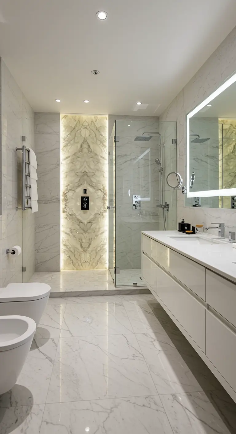 Luxe witte badkamer met marmeren accentwand in de inloopdouche en verticale lichtlijnen.