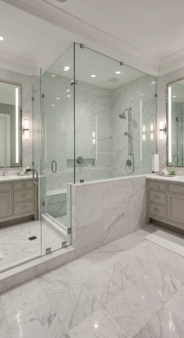 Ruime marmeren badkamer met grote douche, halfhoge muren en veel glas.