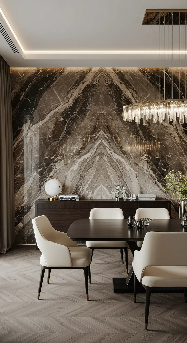 Luxe eetkamer met een grote bookmatched marmeren wandpaneel.