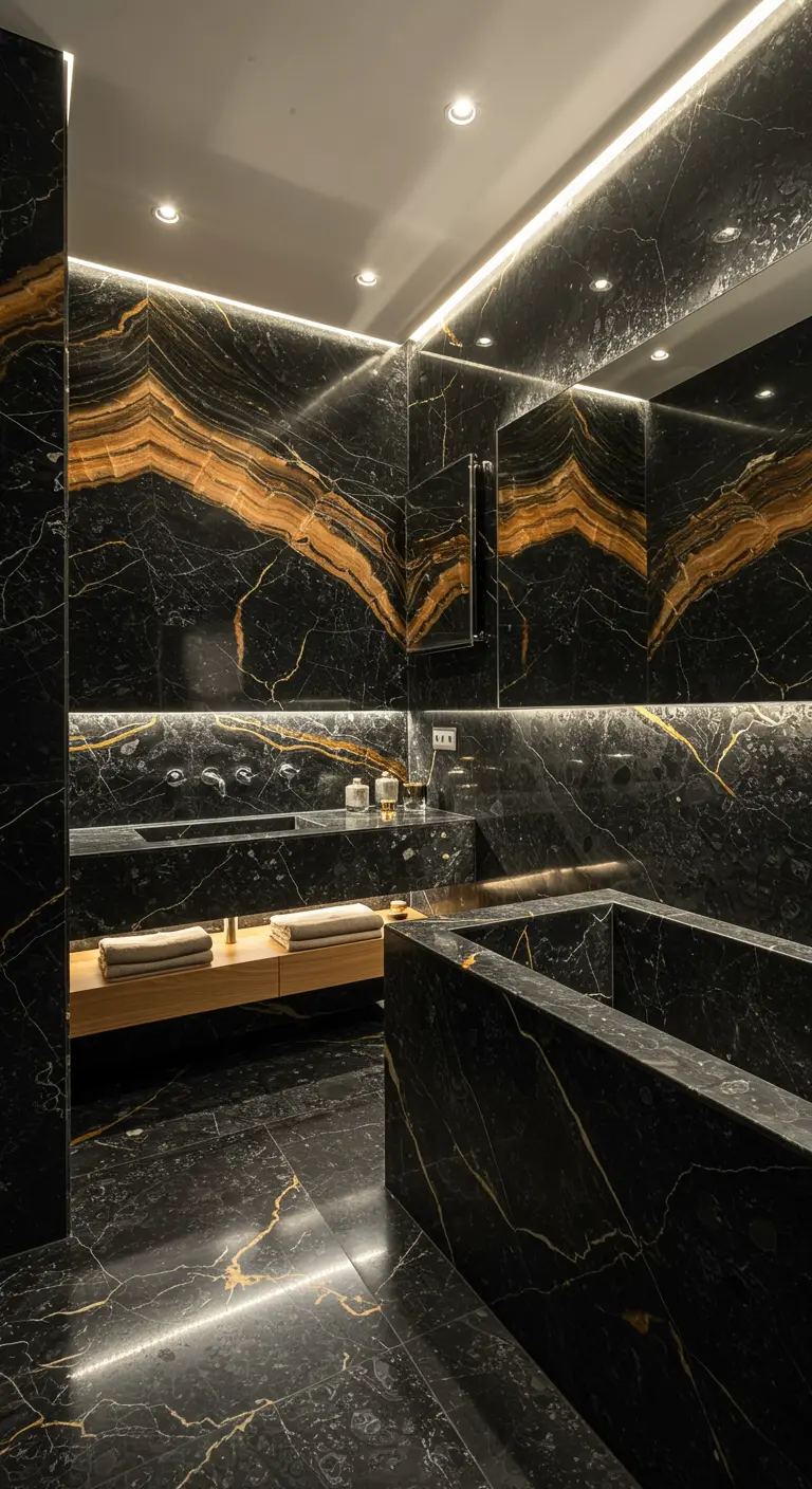 Badkamer met opvallend zwart en goud geaderd marmer, met lineaire LED-verlichting.