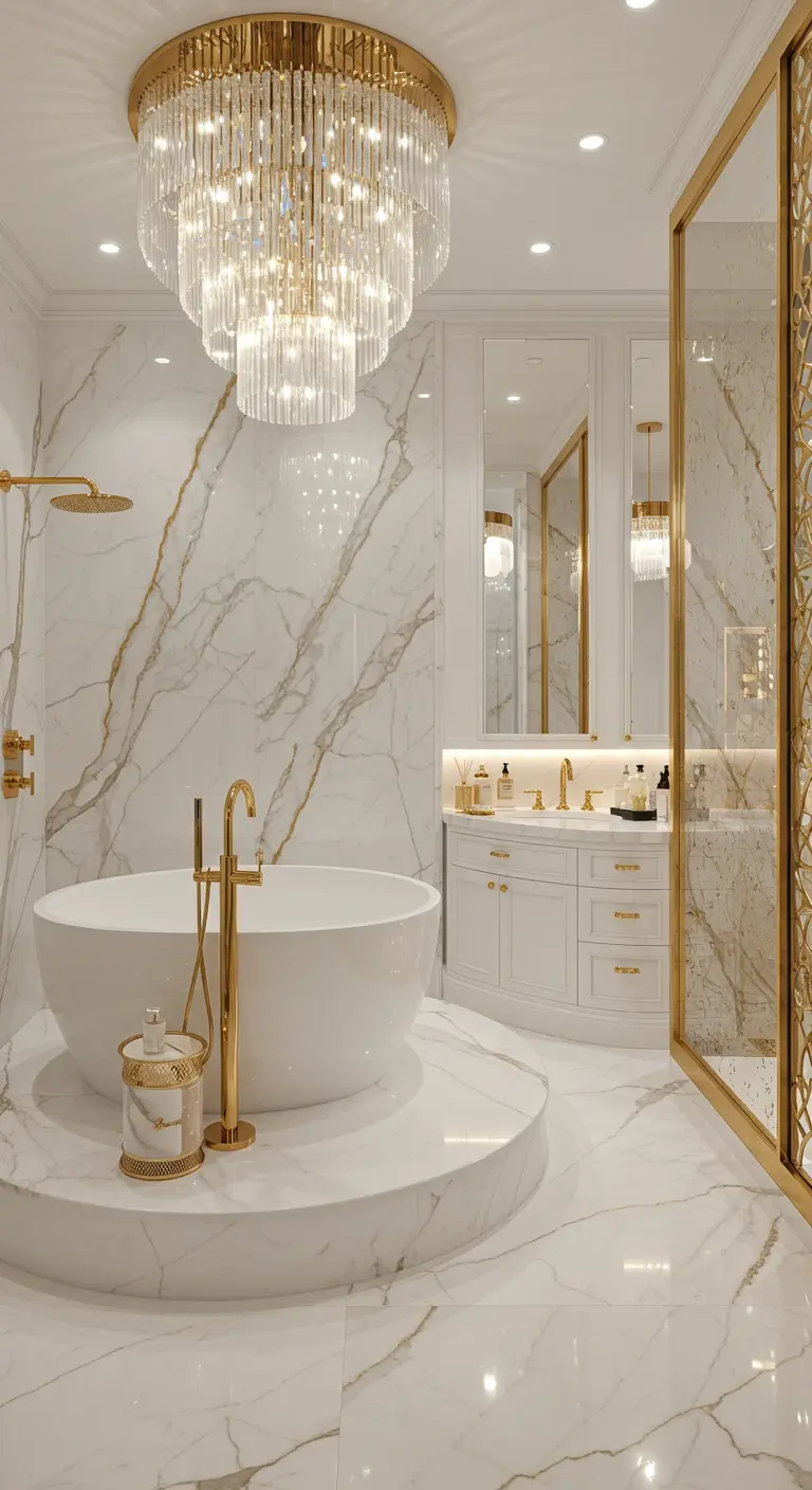 Luxueuze marmeren badkamer met gouden accenten, verhoogd badplatform en kristallen kroonluchter.