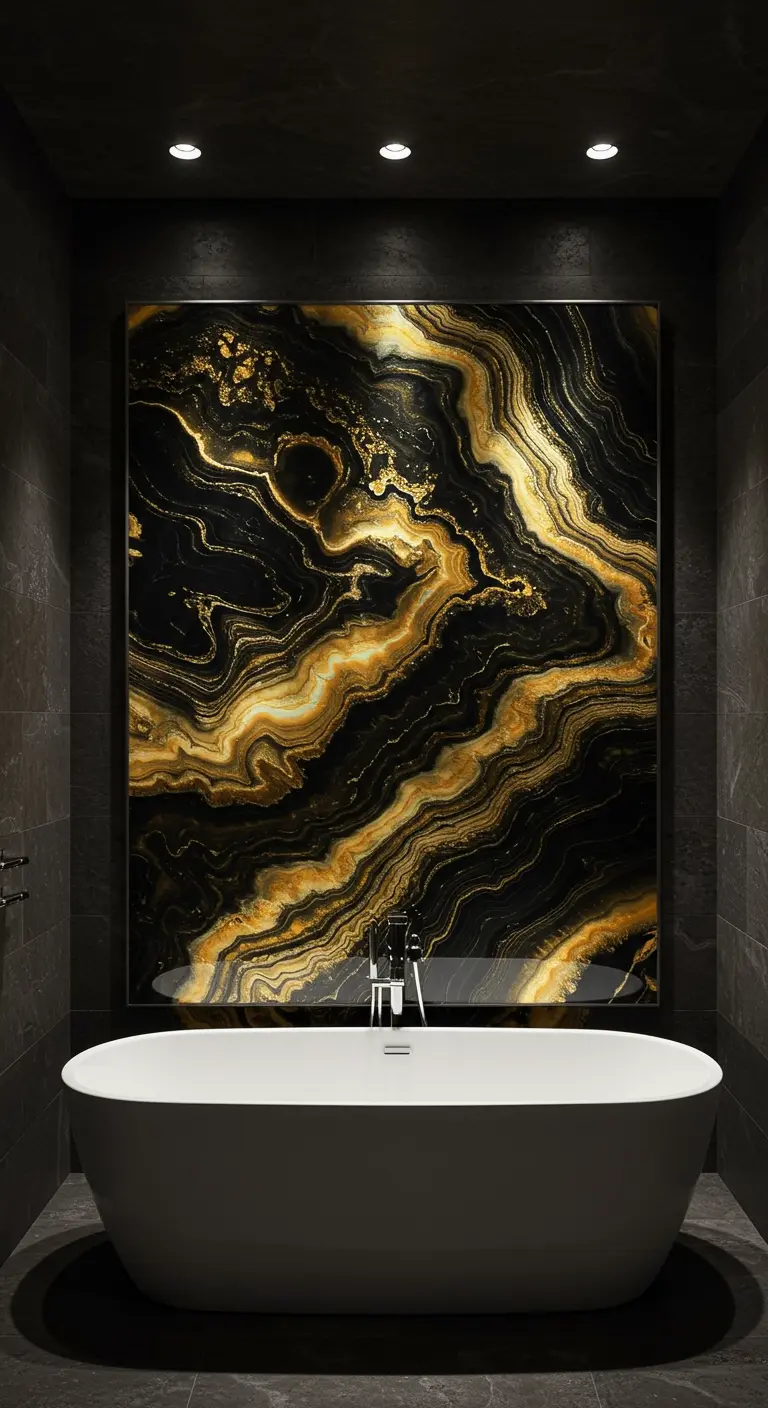 Donkere badkamer met vrijstaand bad voor een groot glanzend paneel met goud-zwart marmerprint.
