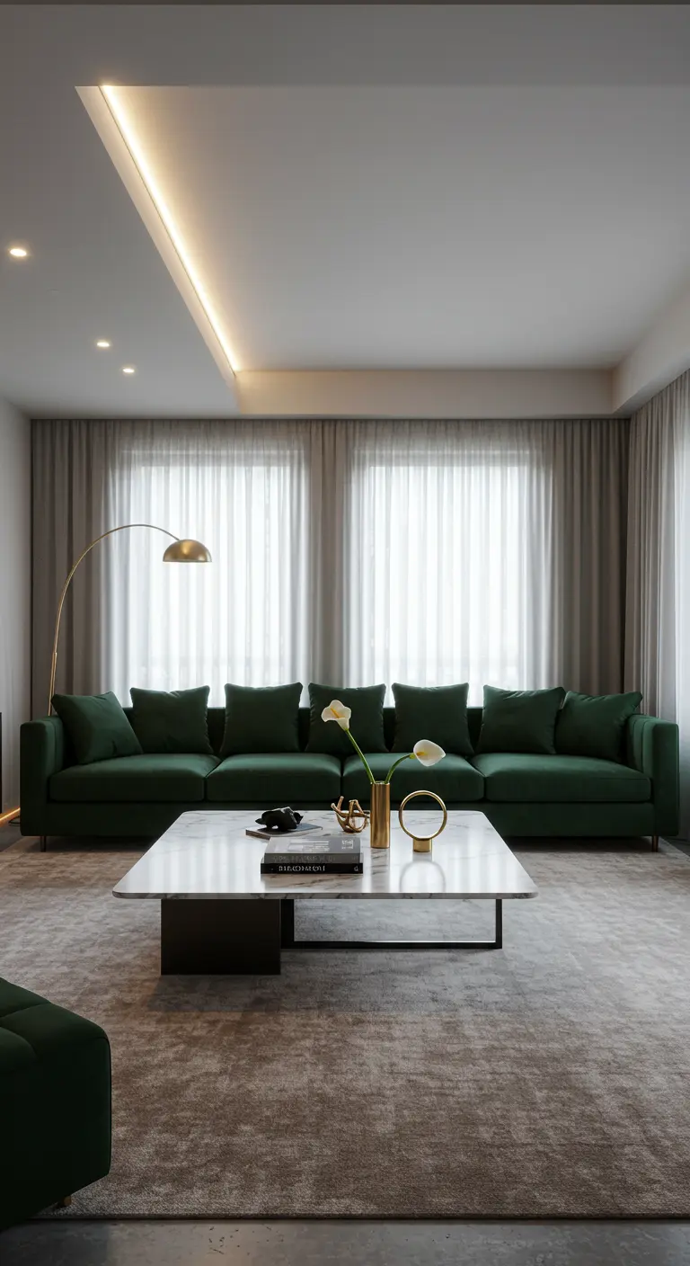 Strakke marmeren salontafel met minimale decoratie voor een diepgroene bank.