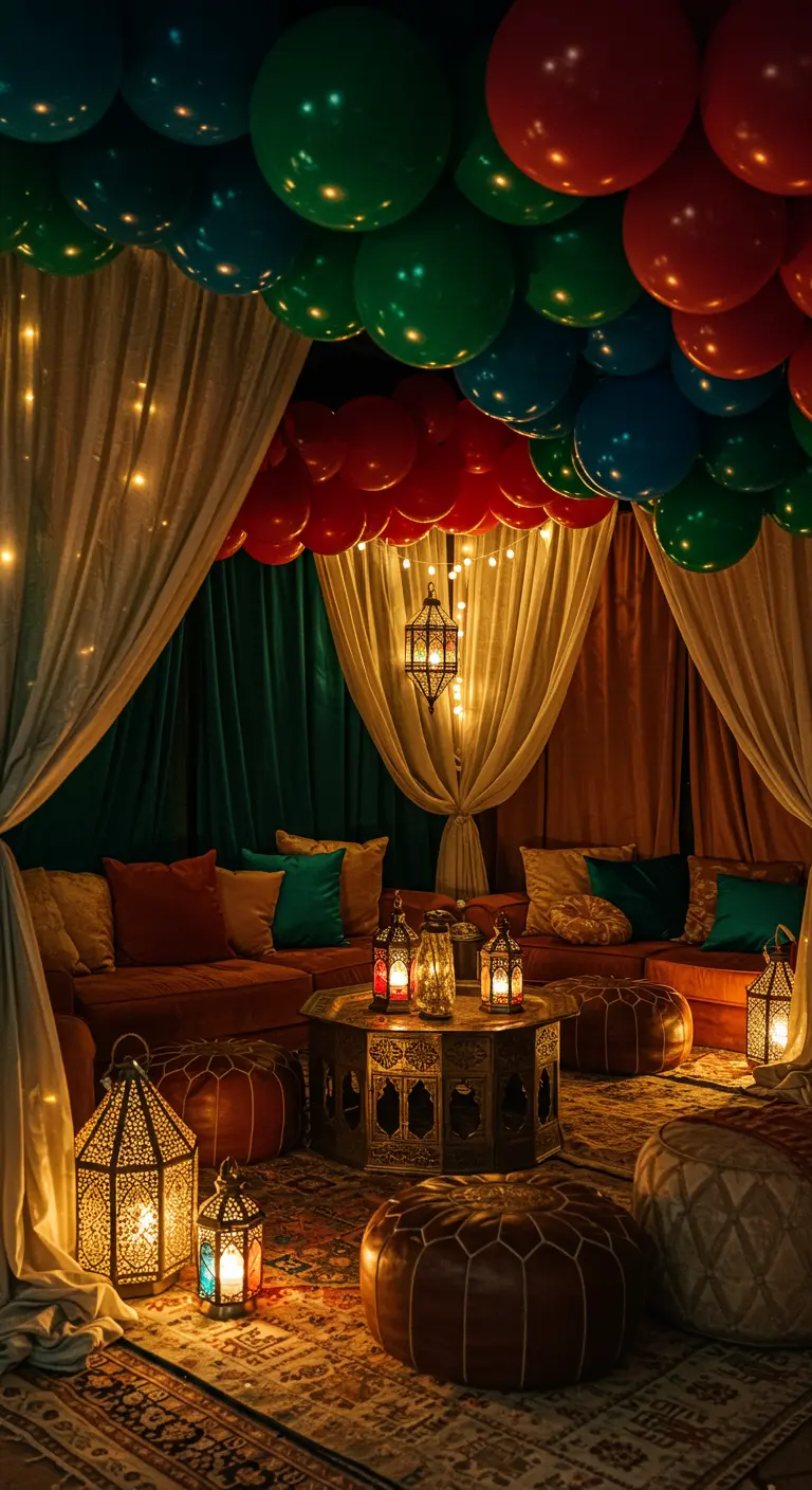 Rijk gedecoreerde kamer met juweelkleurige ballonnen, zijden doeken en Marokkaanse lampen.