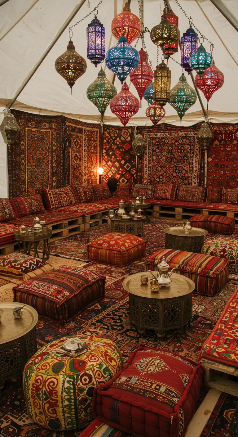 Marokkaanse lounge met kleurrijke tapijten, lage kussens, poefs en sierlijke lantaarns.