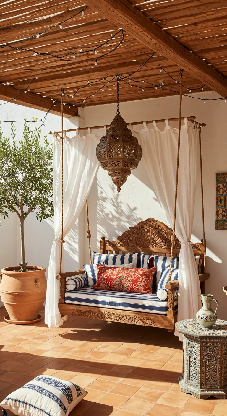 Marokkaanse schommelbank met witte doeken, blauw-wit gestreepte kussens en rood sierkussen, onder houten pergola met lichtslingers en oosterse lamp.