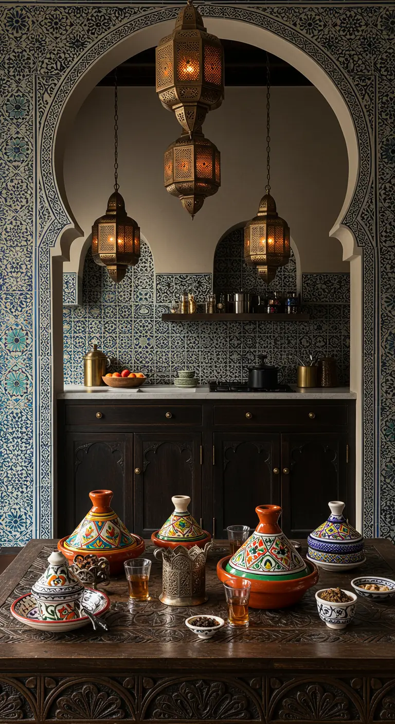 Marokkaanse eethoek met tajines, handbeschilderd keramiek en oosterse lampen.