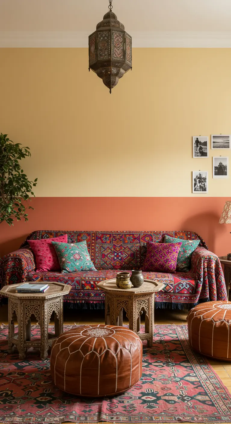 Kleurrijke woonkamer in Marokkaanse stijl met gele bovenmuur en koraalrode ondermuur.