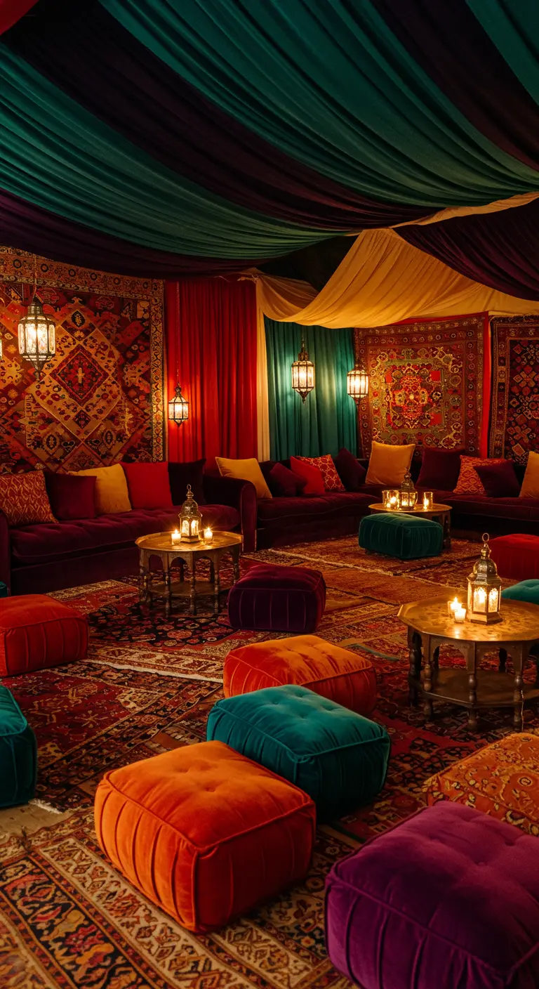 Marokkaanse lounge met kleurrijke fluwelen kussens, tapijten en lantaarns.