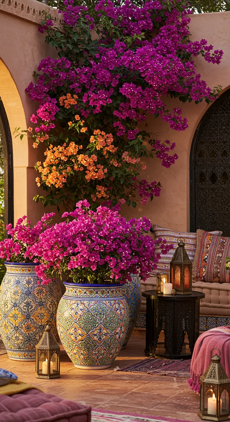 Felroze en oranje Bougainvillea in grote, kleurrijke Marokkaanse mozaïekpotten op een sfeervolle patio.